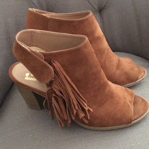 Tan Suede Peep Toe Heels with Tassle